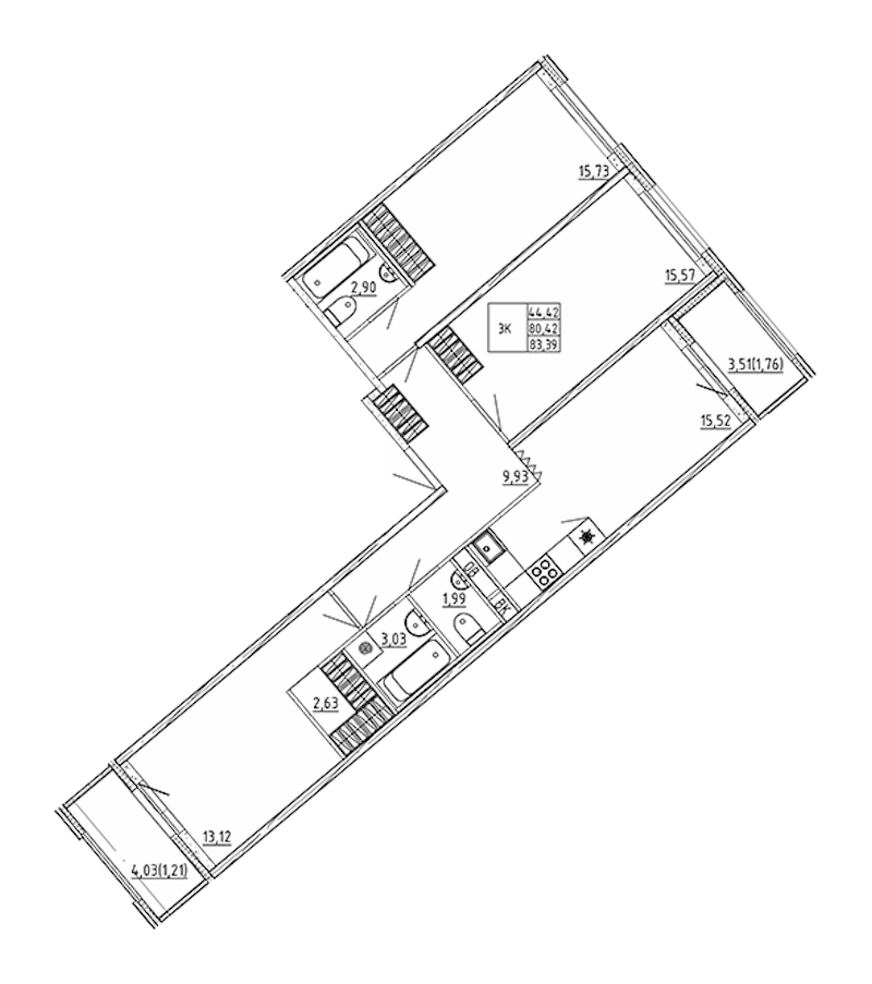 3-комнатная квартира 83.39 м², 3/12 эт., ЖК «UP! Квартал Воронцовский»